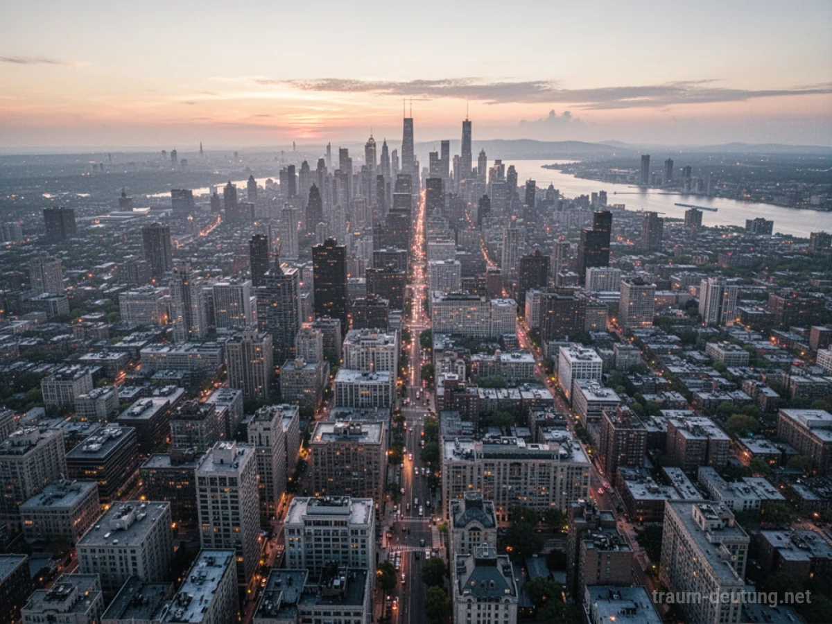Eine Stadt von oben betrachtet, mit vielen Gebäuden und Straßen im Morgengrauen.