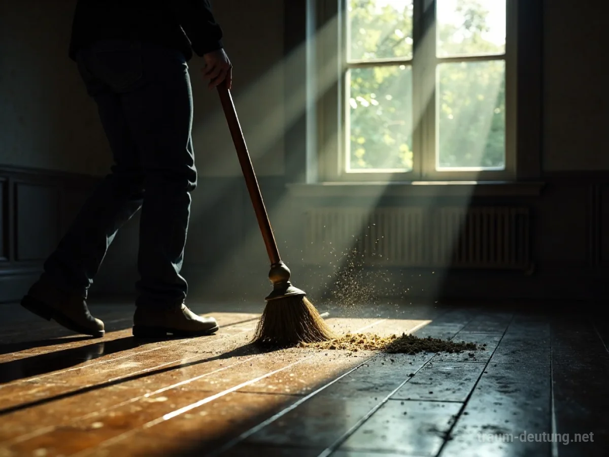 Person fegt Staub von einem Holzboden in einem schwach beleuchteten Raum.