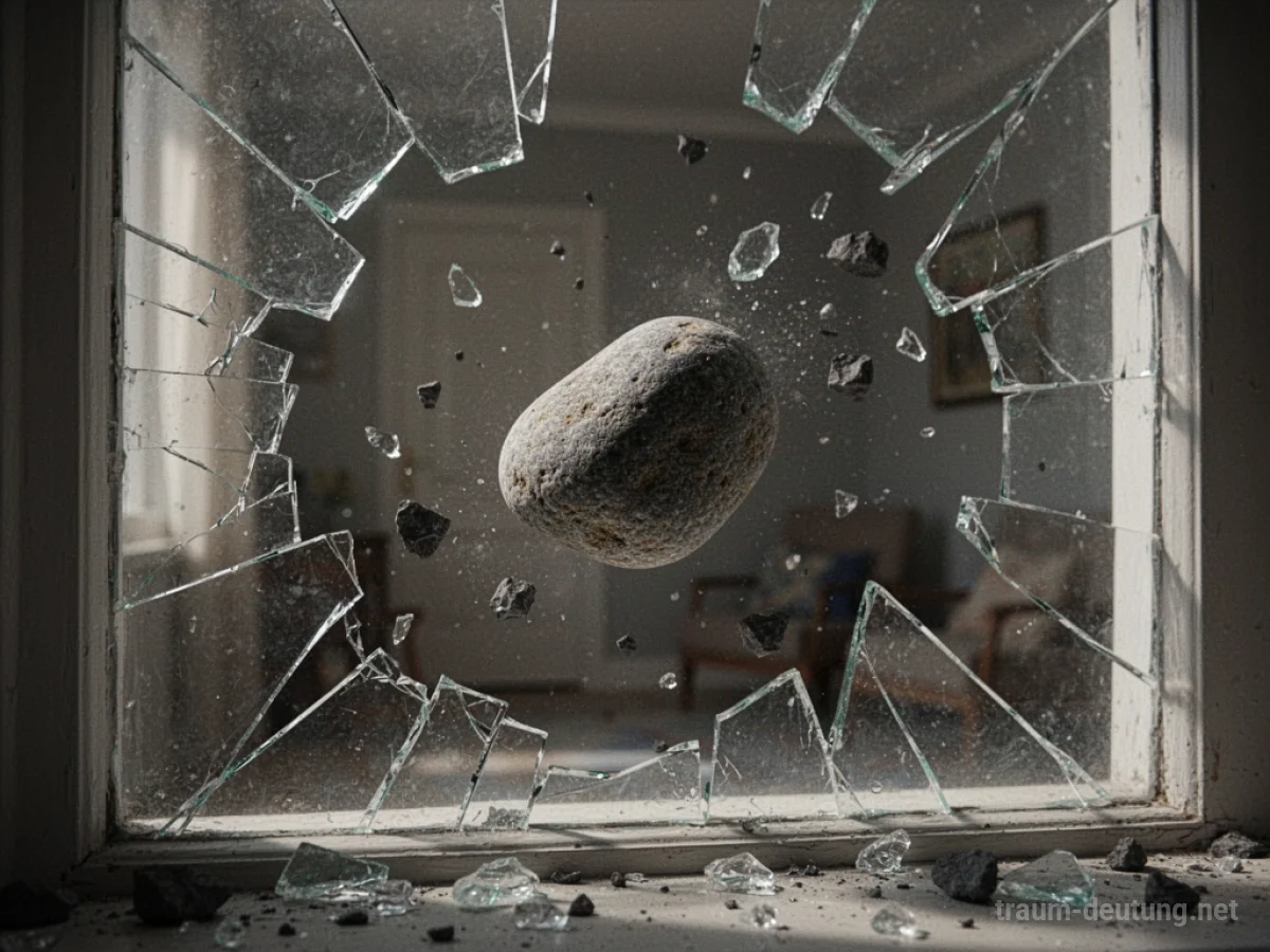 Stein fliegt durch ein zerbrochenes Fenster in einen Raum.