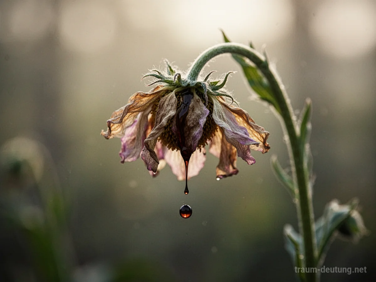 Verwelkende Blume mit einem Tropfen dunkelgrüner Flüssigkeit auf den Blütenblättern.
