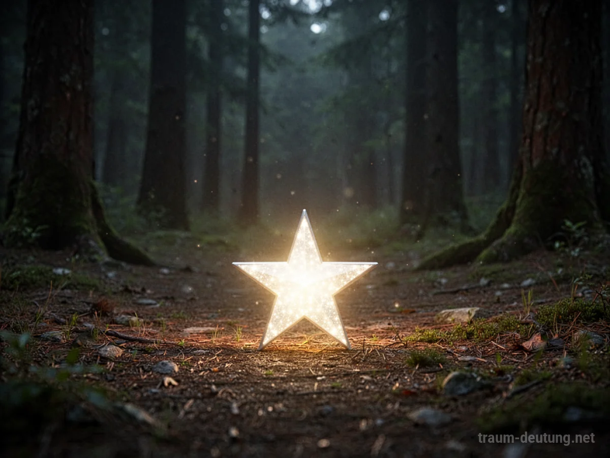 Ein heller Stern liegt am Boden in einer dunklen Waldlichtung.