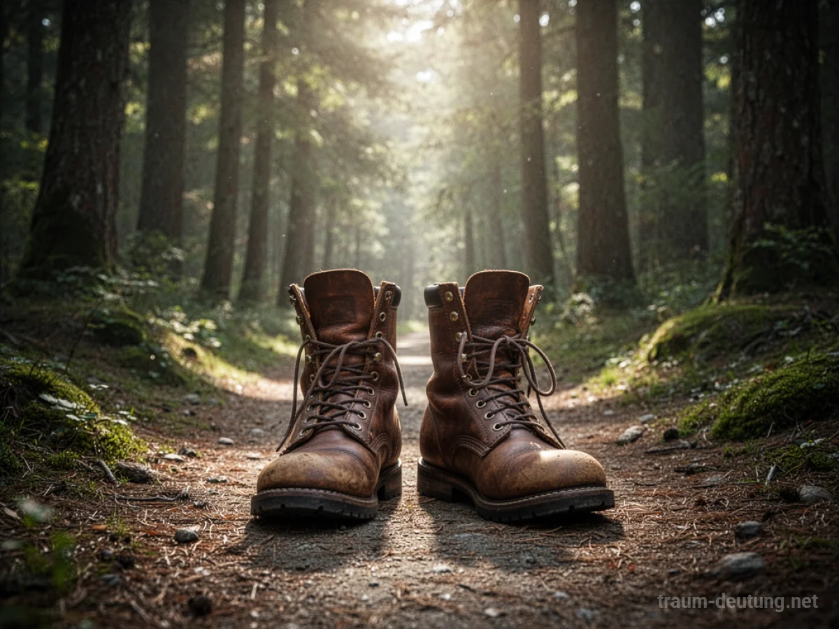 Lederstiefel stehen auf einem Waldweg, Sonnenlicht fällt durch die Bäume.