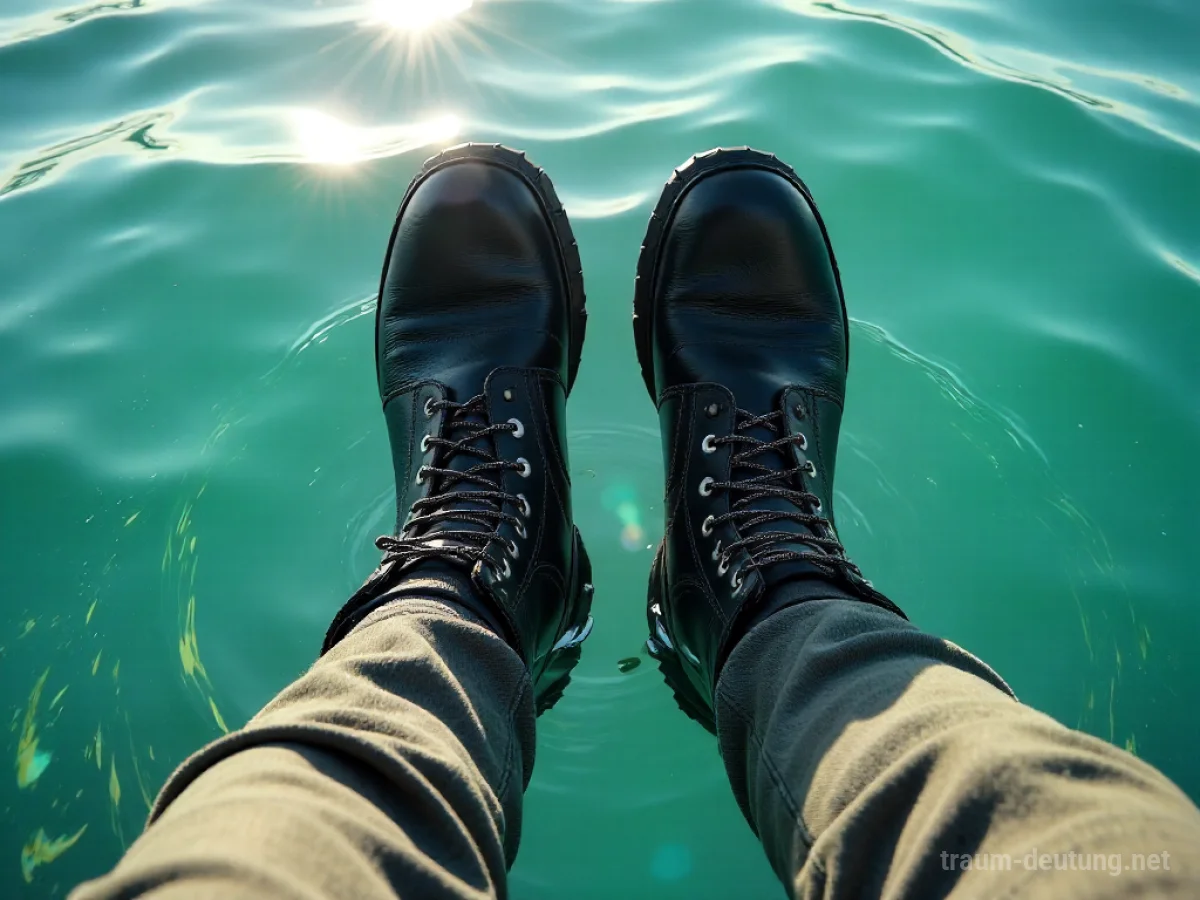 Stiefel im klaren Wasser, Sonnenlicht bricht auf der Oberfläche.