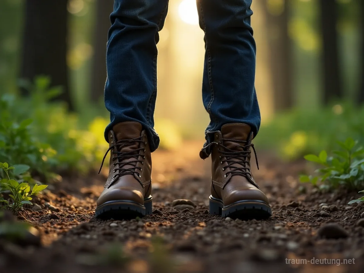 Füße in neuen Stiefeln auf einem Weg, der in einen Wald führt.