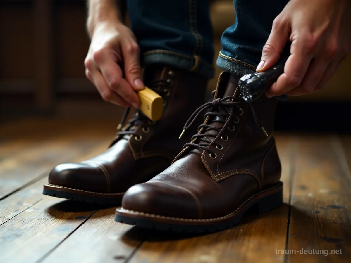 Stiefel werden mit einer Bürste und Schuhcreme gereinigt
