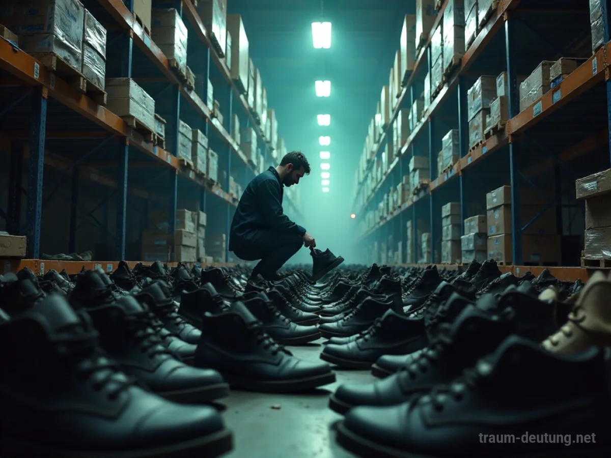 Viele Stiefel liegen verstreut herum, eine Person sucht verzweifelt.