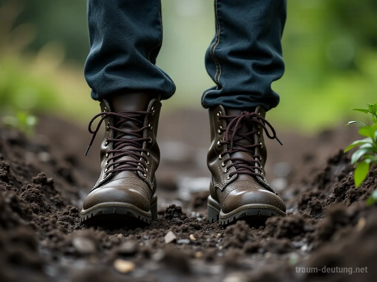Schlammige Stiefel stehen auf einem Pfad im Matsch