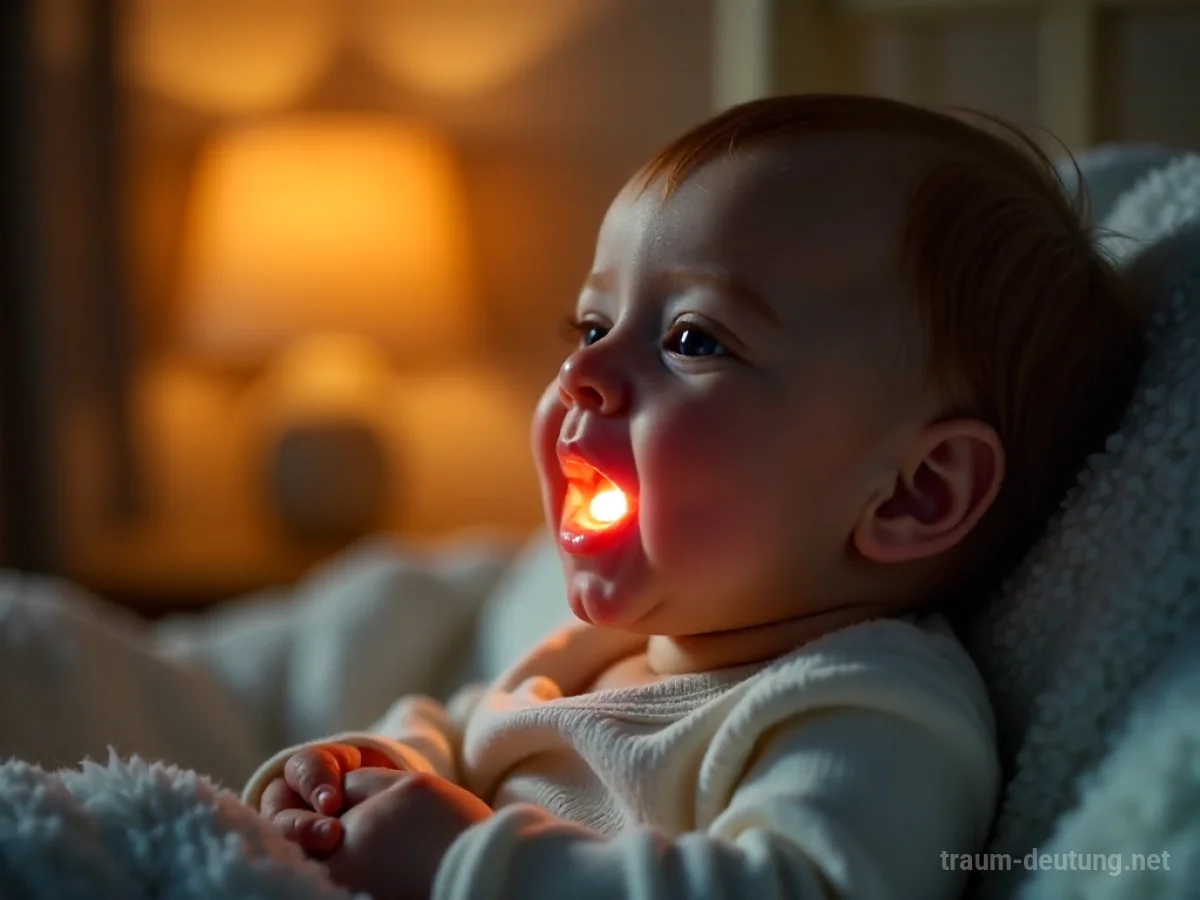 Ein sanftes Licht strahlt aus dem Mund eines Babys, was einen Klang andeutet.