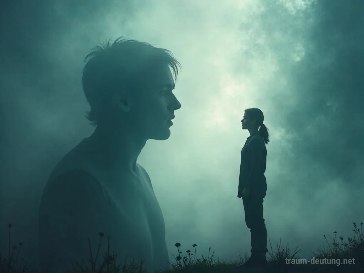 Eine unsichtbare Stimme spricht aus Nebel zu einer lauschenden Figur im Traum