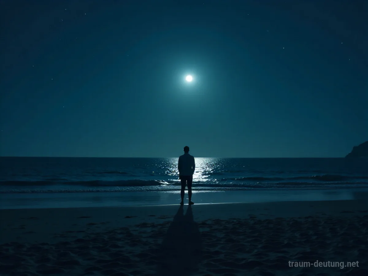Eine einsame Figur steht nachts an einem dunklen Strand.
