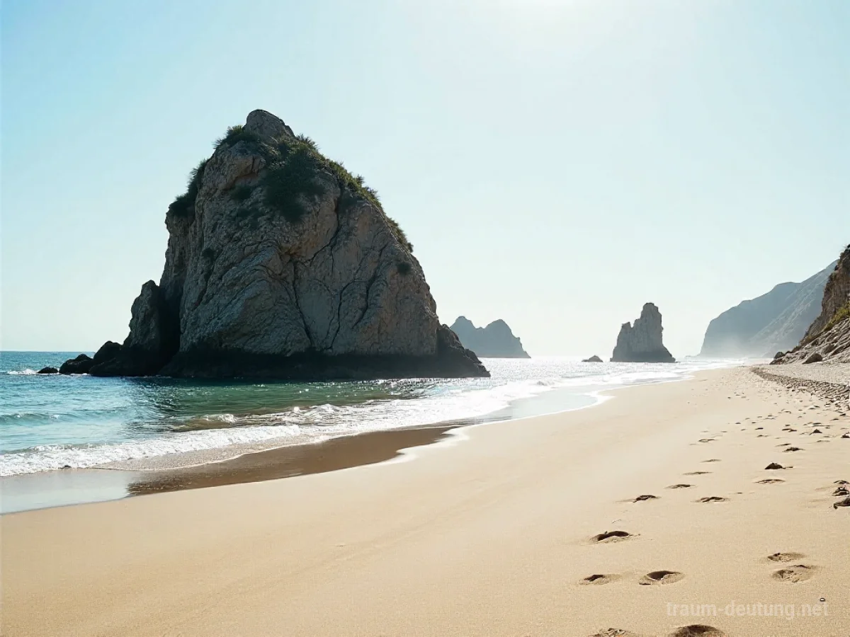 Ein Strand mit markanten Felsen, die aus Sand und Meer ragen.