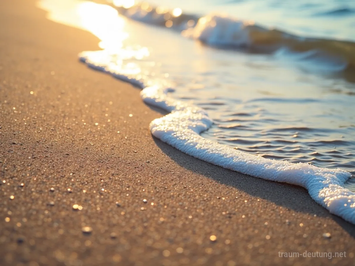 Ein Strand mit feinem, glitzerndem Sand und ruhigen Wellen im Sonnenlicht.