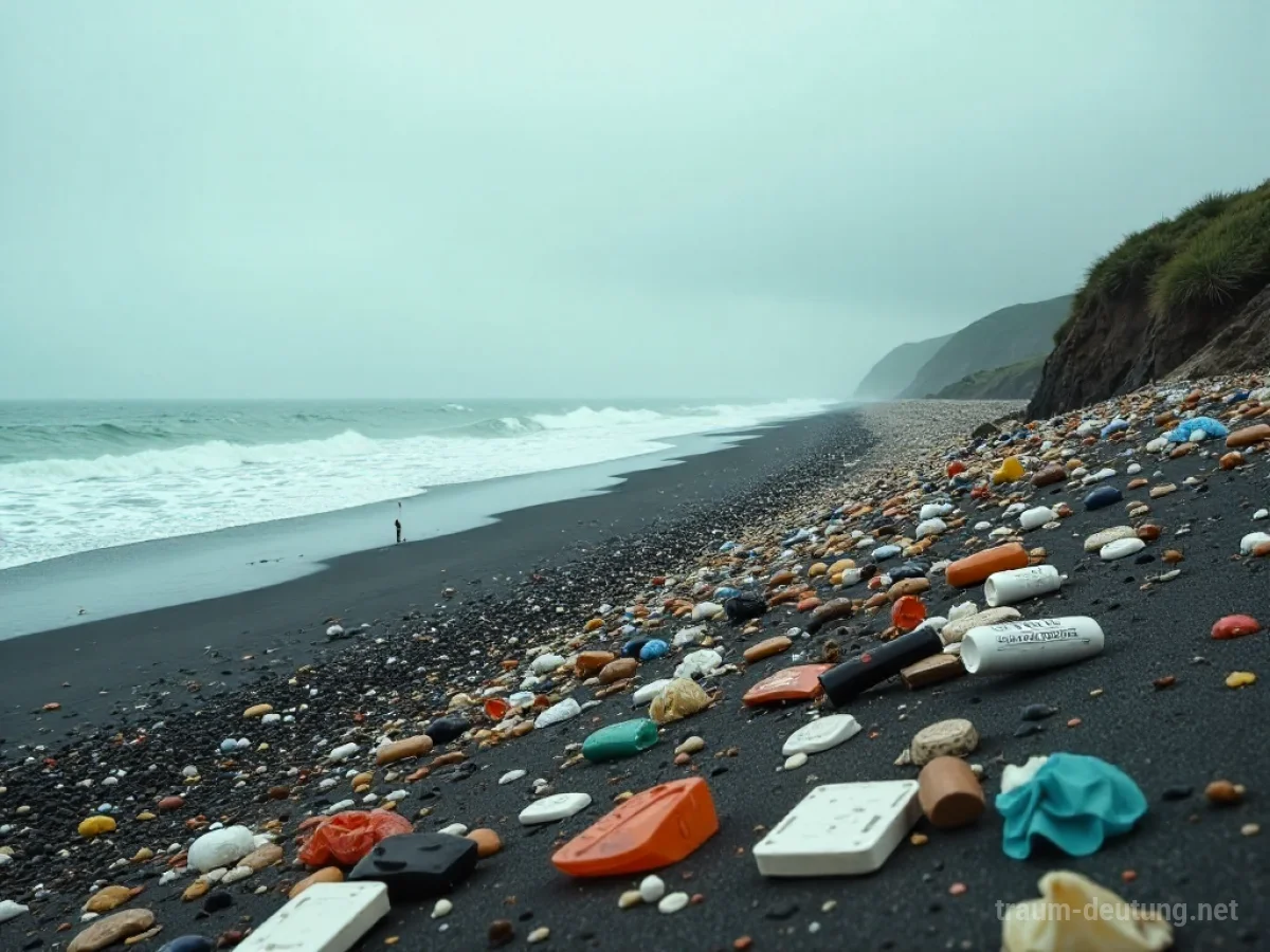 Ein verschmutzter Strand mit Müll übersät, das Meer im Hintergrund.