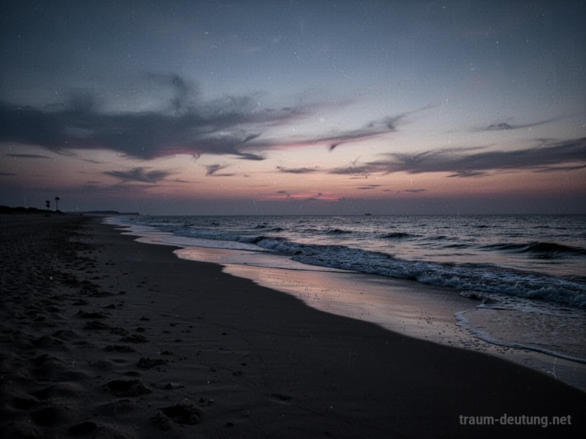 Ein Strand im Dämmerlicht, der langsam dunkel wird.