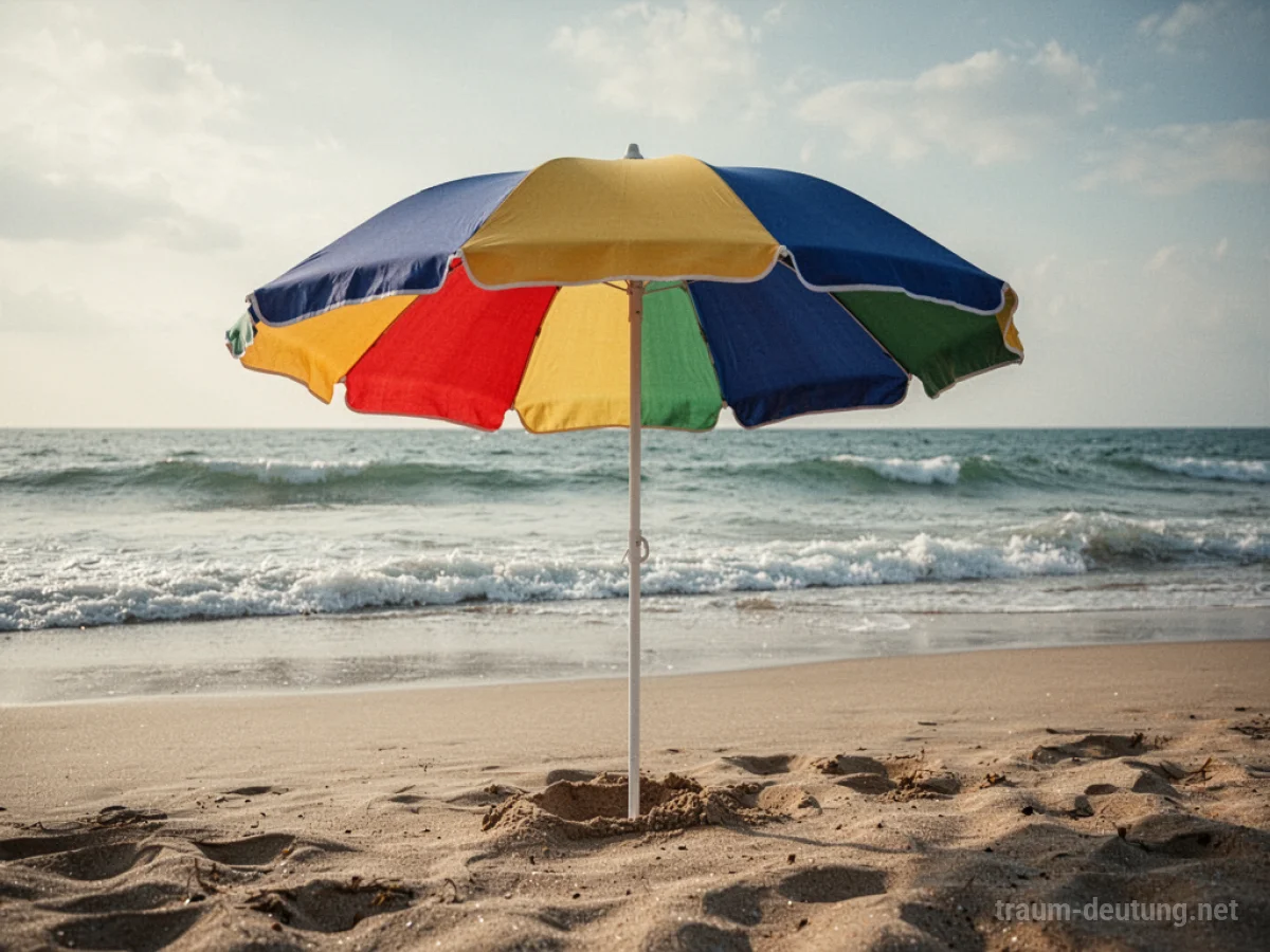 Ein bunter Strandschirm steht allein am Sandstrand mit sanften Wellen im Hintergrund.