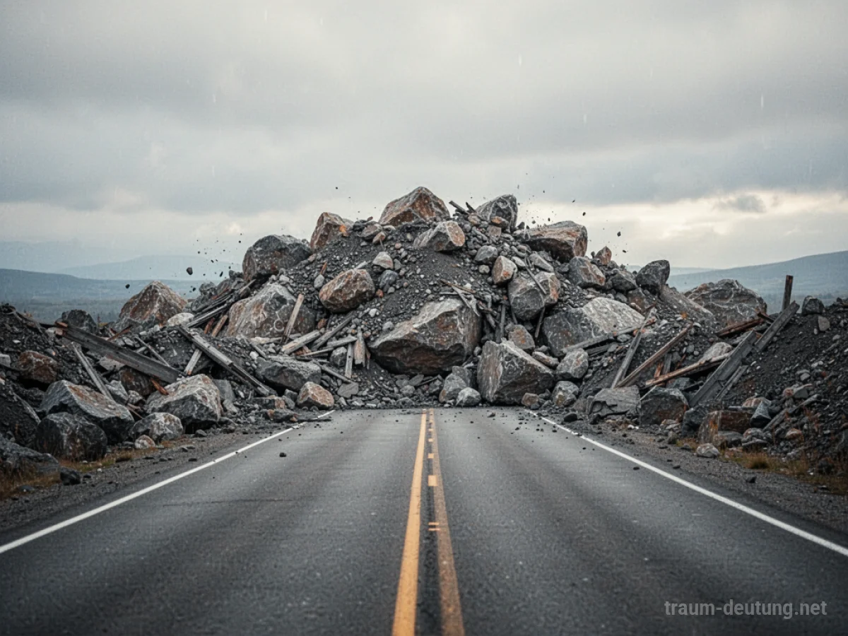 Eine blockierte Straße mit Felsen und Geröll, die den Weg versperren.