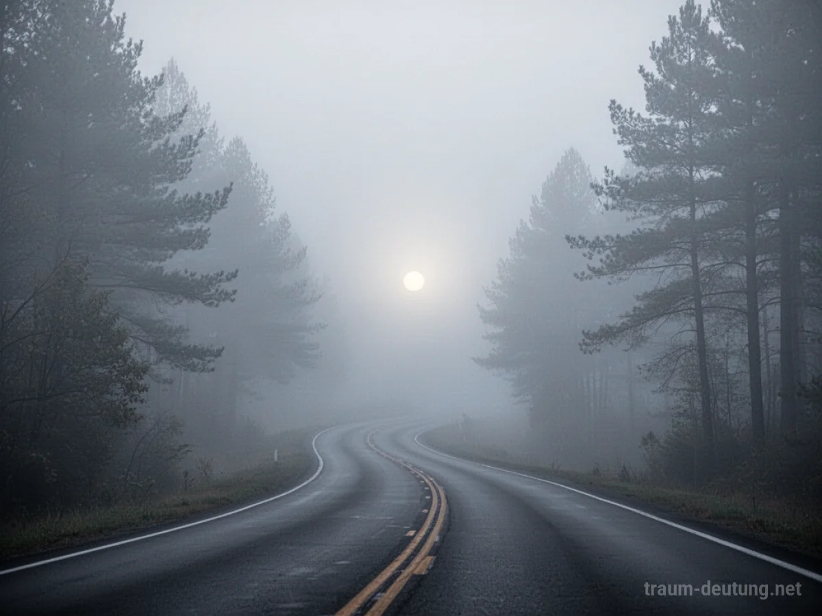 Eine Straße, die sich im dichten Nebel verliert, mit angedeuteten Bäumen am Rand.