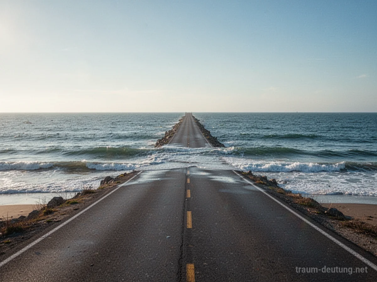 Eine Straße endet abrupt im Meer, das sich bis zum Horizont erstreckt.