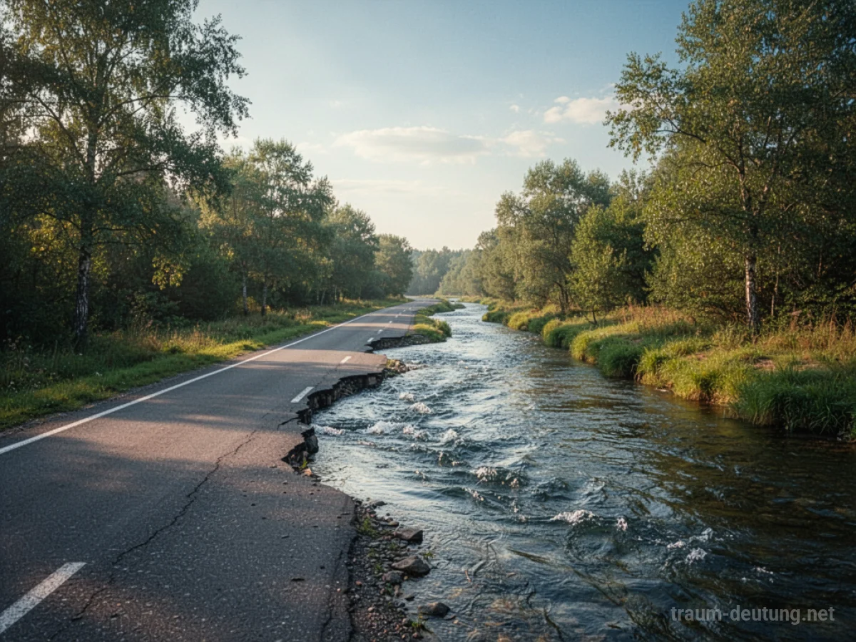 Straße, die sich in einen Fluss verwandelt, mit Bäumen und klarem Himmel.