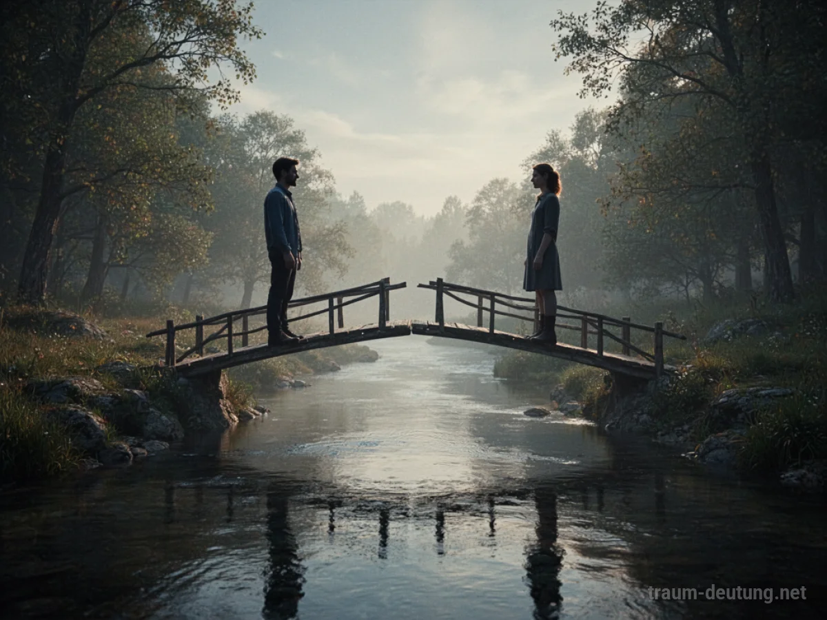 Zwei stilisierte Figuren trennen sich, eine symbolische Brücke verbindet sie über einem Fluss.