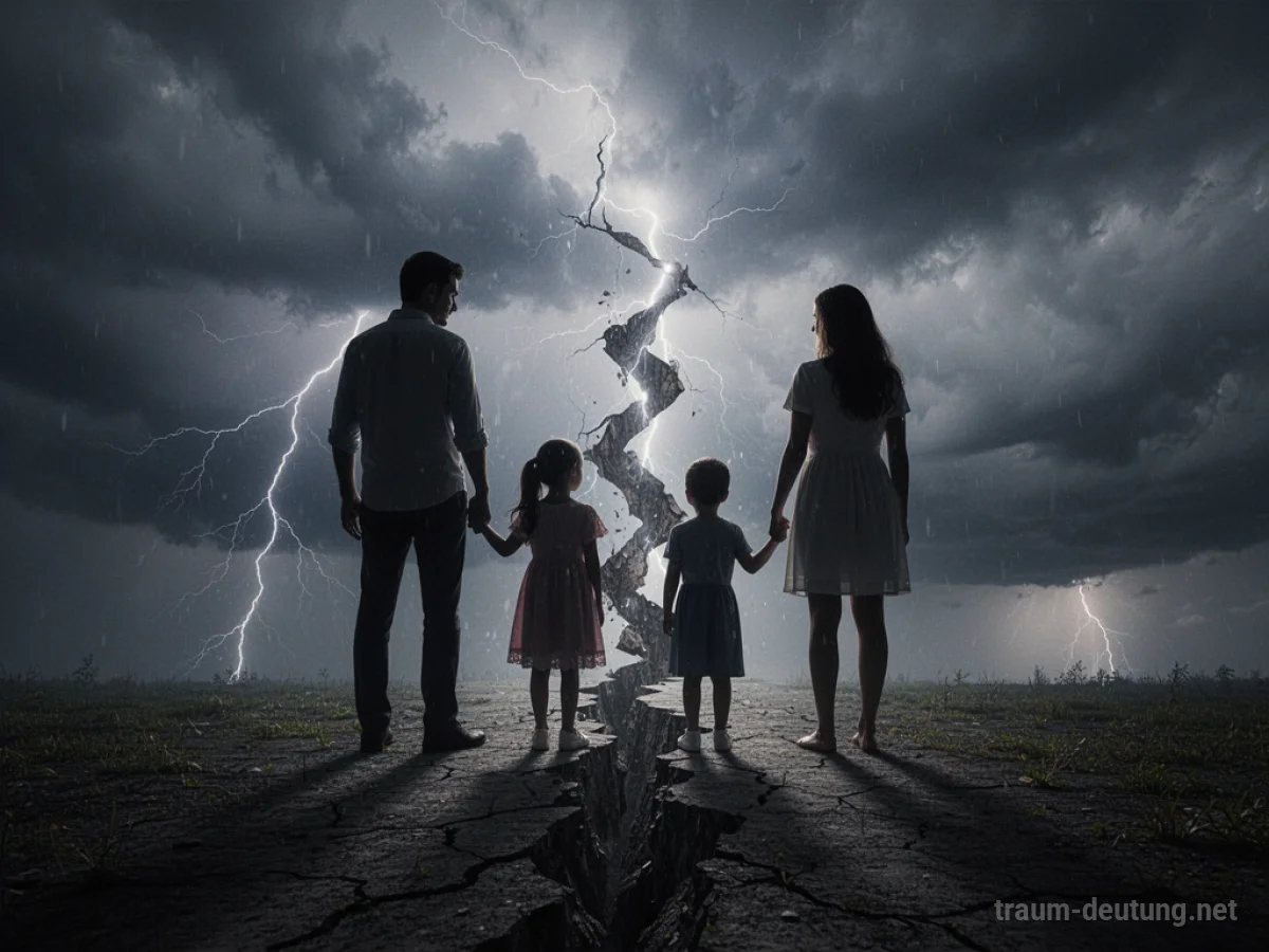 Silhouetten einer Familie, die durch einen Riss getrennt sind, vor einem stürmischen Himmel.