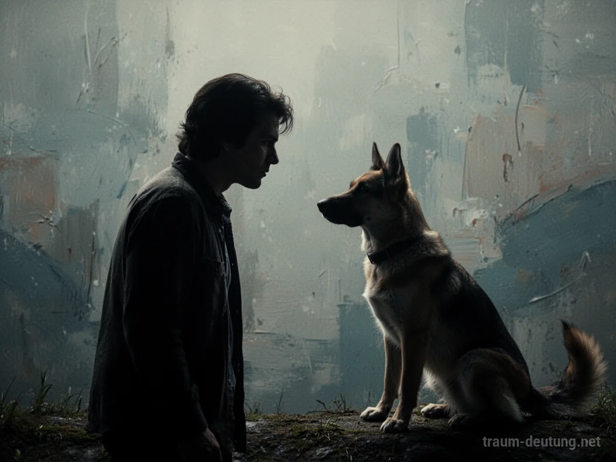 Eine Person und ein Hund stehen sich gegenüber, angedeutet durch Silhouetten.