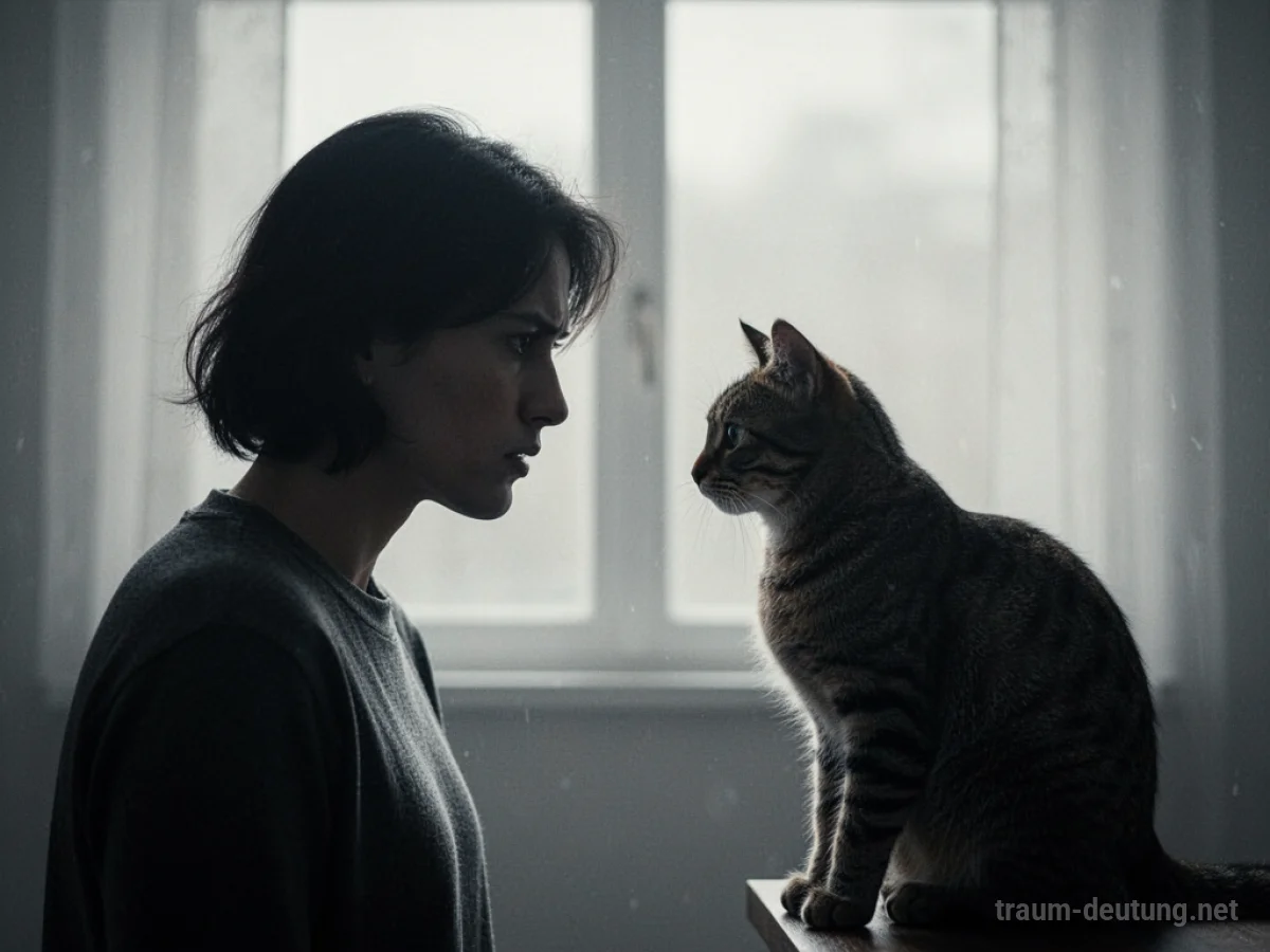 Eine Person und eine Katze stehen sich im Traum gegenüber, symbolisierend einen inneren Konflikt.