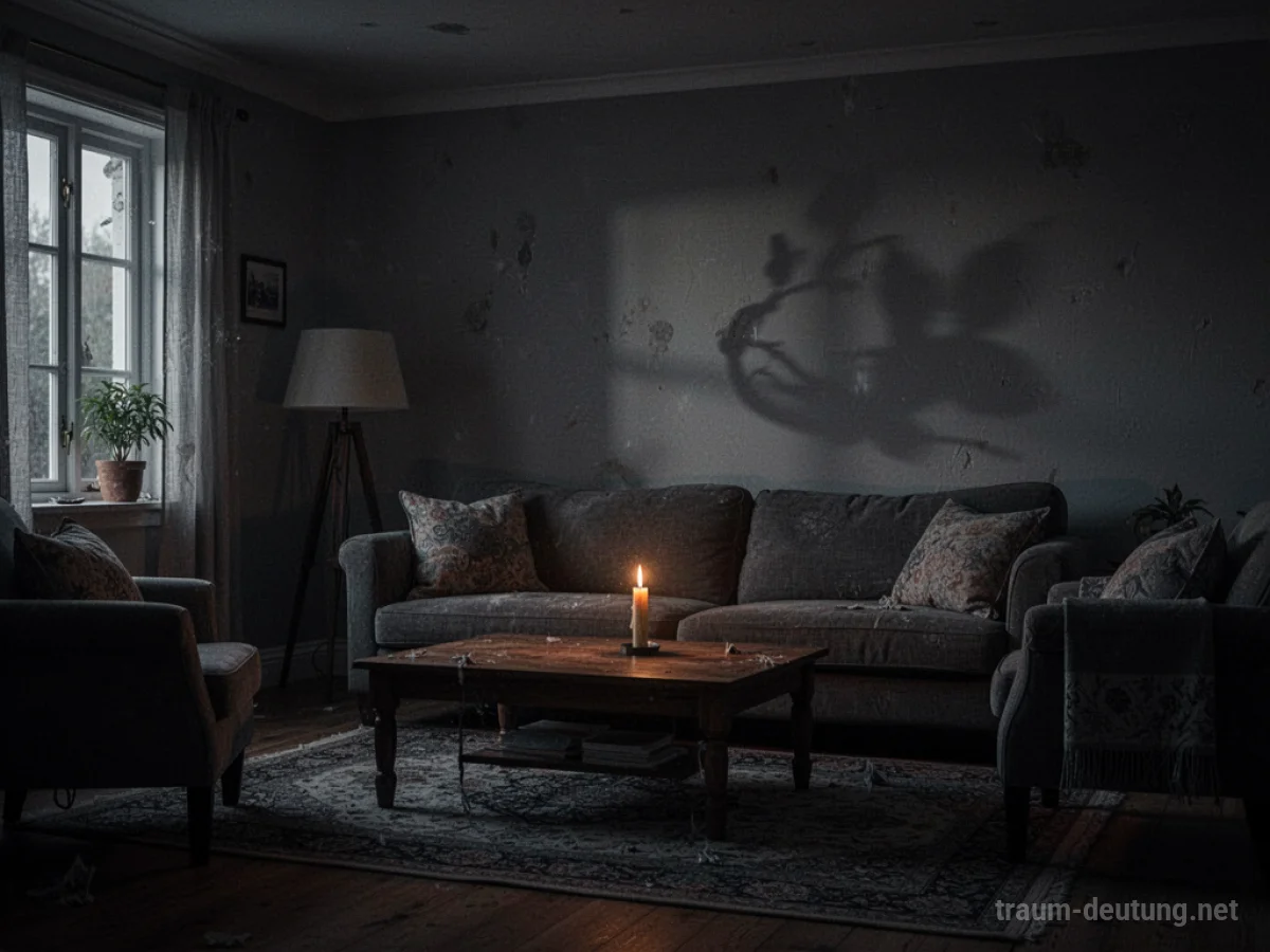 Dunkles Wohnzimmer in einem Haus während eines Stromausfalls, nur Kerzenlicht erhellt den Raum.
