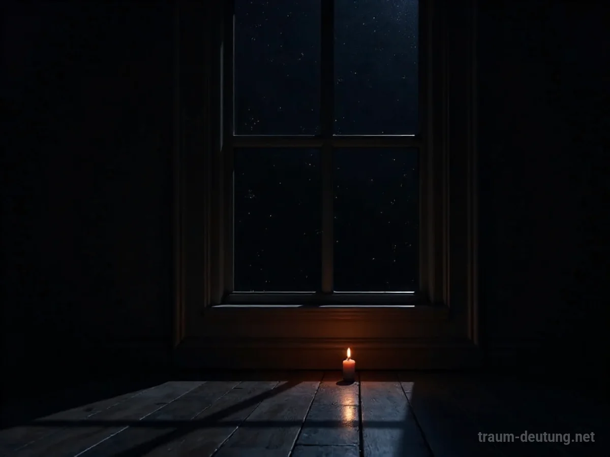 Dunkler Raum mit Kerzenlicht, das Schatten wirft, und einem Fenster zum schwarzen Nachthimmel.