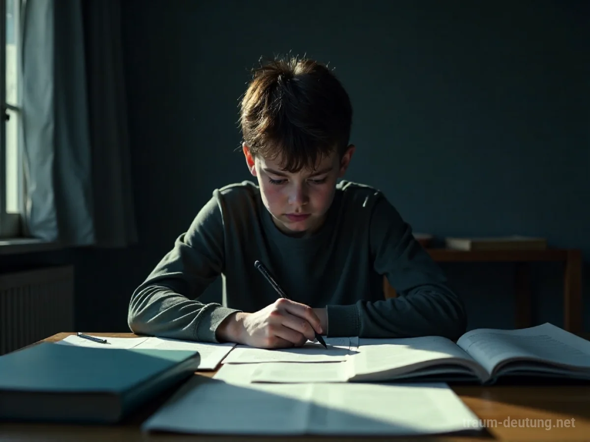 Student sitzt besorgt über Büchern, die Prüfungsangst symbolisieren.