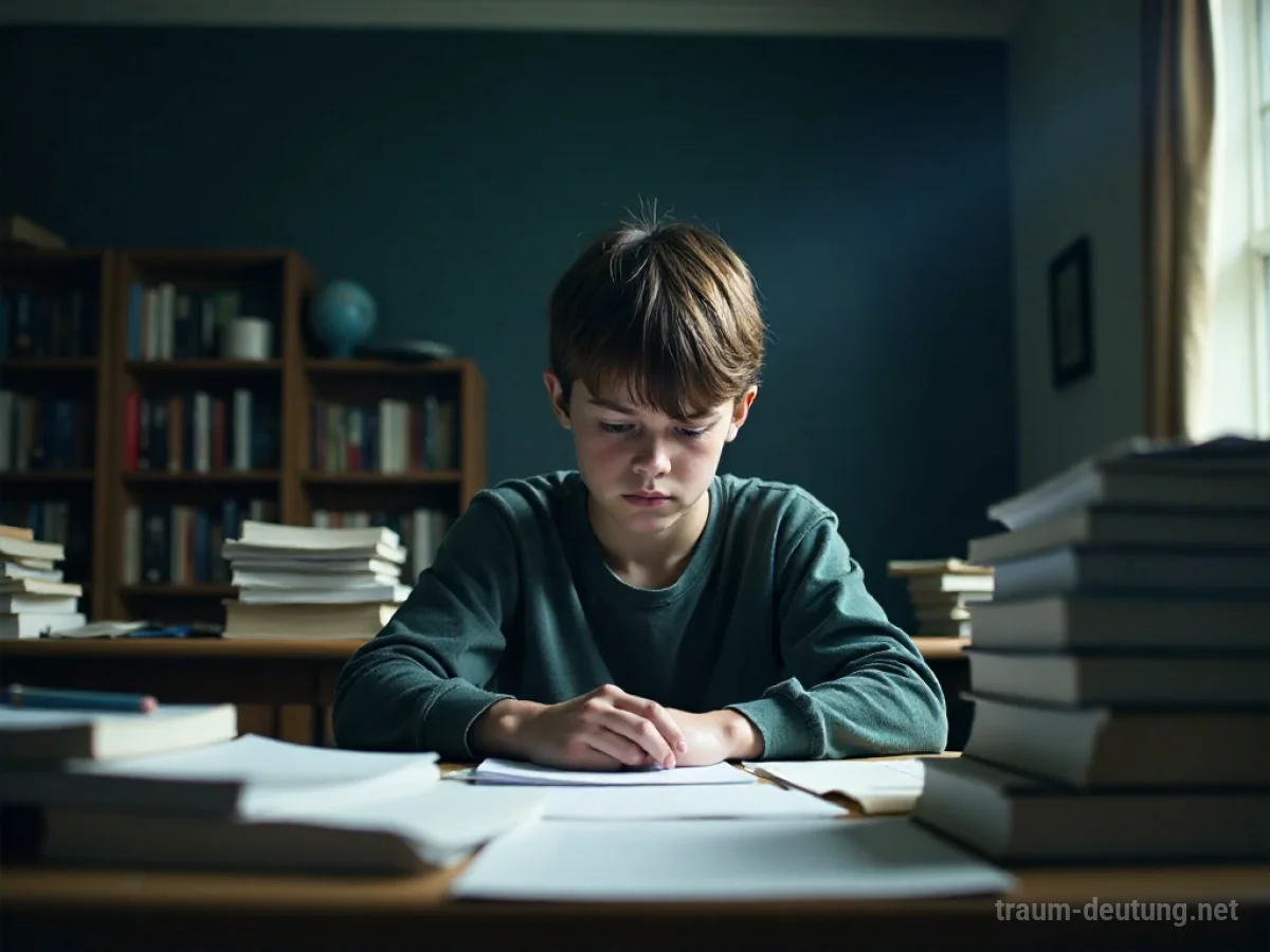 Student sitzt unter Bergen von Büchern und wirkt überfordert bei einer Prüfung im Traum.
