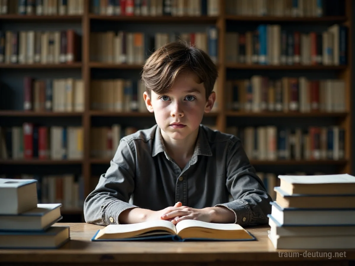 Eine junge Studentin sitzt nachdenklich an einem Schreibtisch voller Bücher.