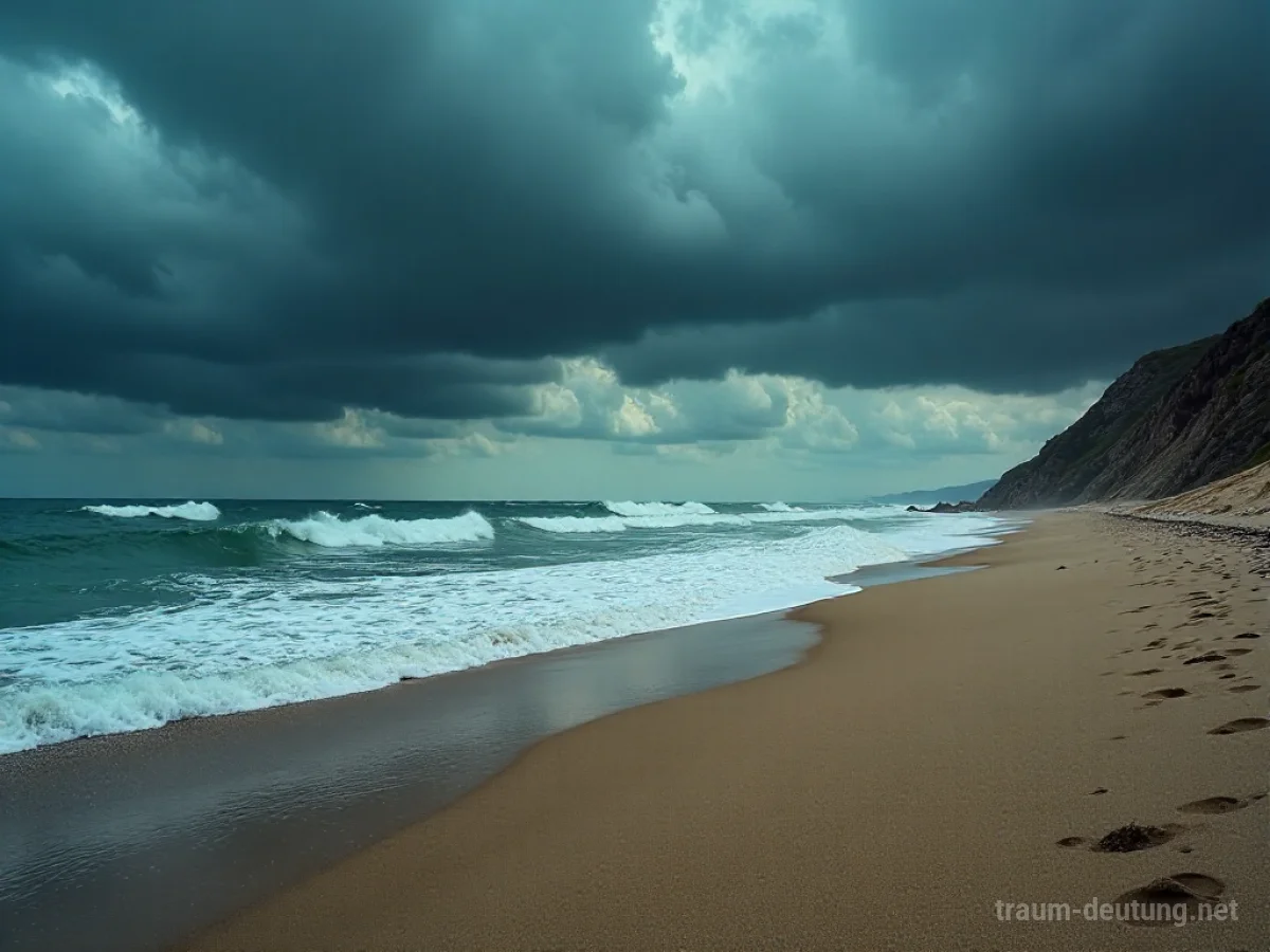 Stürmische See mit hohen Wellen, die an einen menschenleeren Strand schlagen.