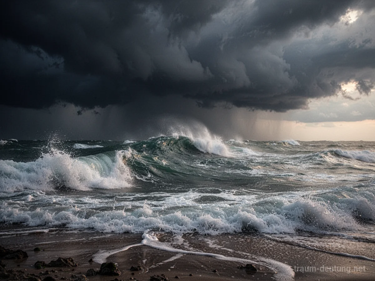 Stürmische See mit dunklen Wolken und hohen Wellen.