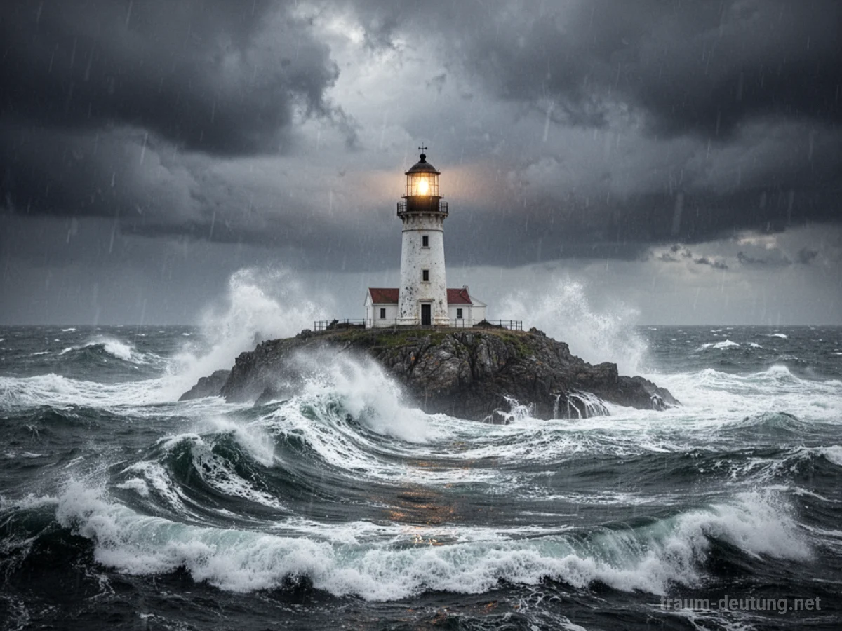 Leuchtturm auf einer kleinen Insel im Sturm