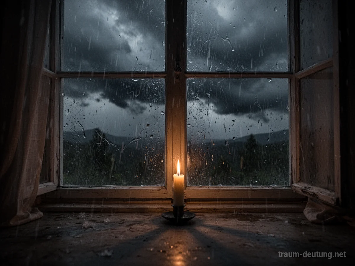 Ein stürmischer Himmel, der durch ein Fenster beobachtet wird.