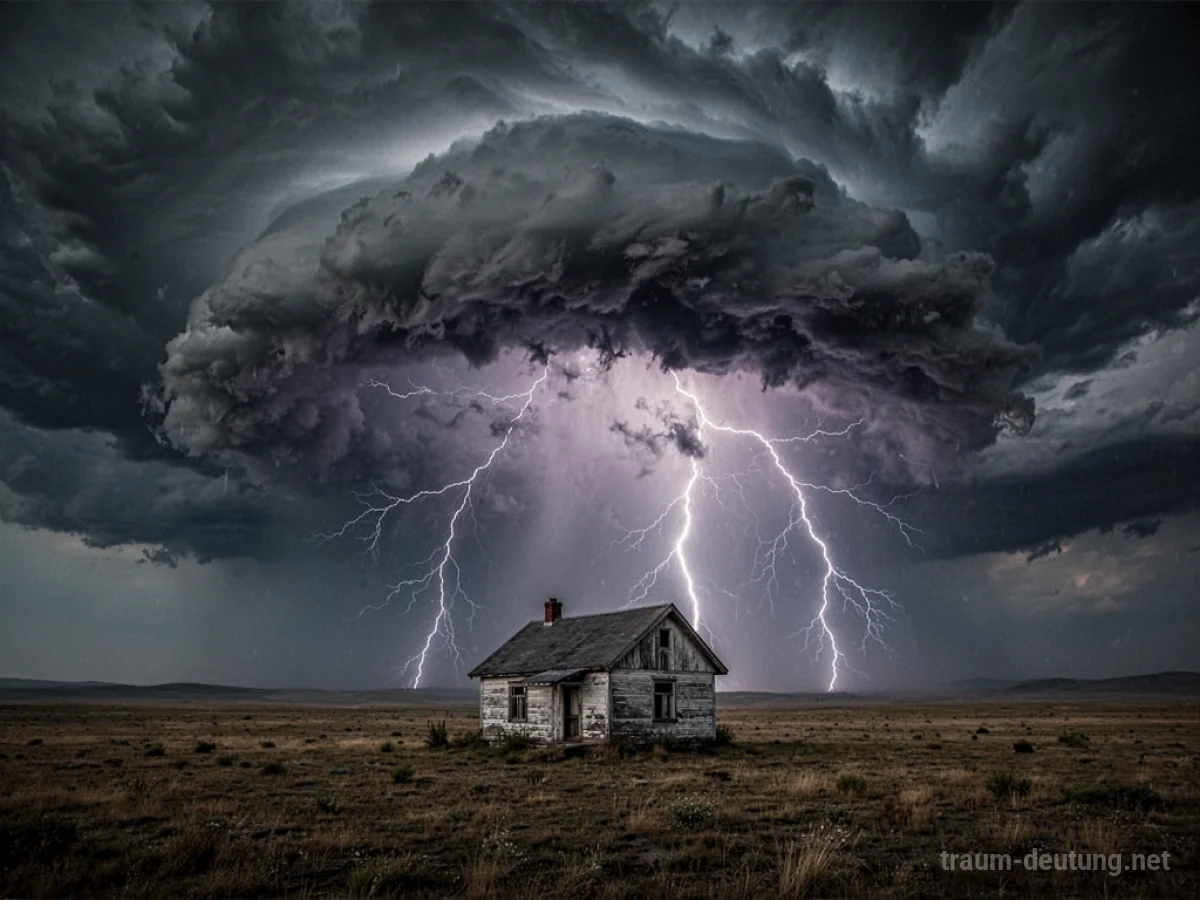 Ein plötzlicher, dunkler Sturm zieht schnell auf ein kleines Haus zu.