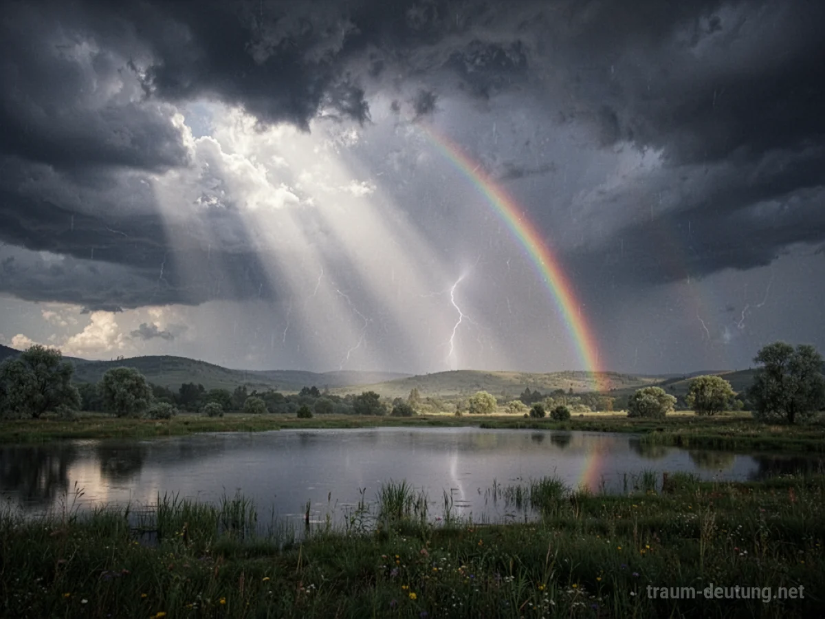 Sonnenschein bricht durch Wolken nach einem Sturm, Regenbogen am Himmel.