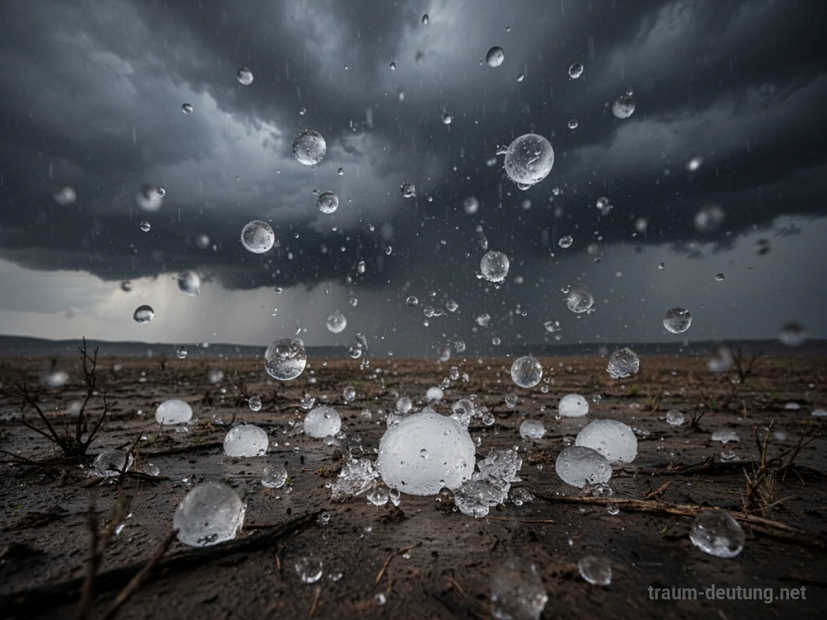 Dunkler Himmel mit fallendem Hagel über einer kahlen Landschaft.