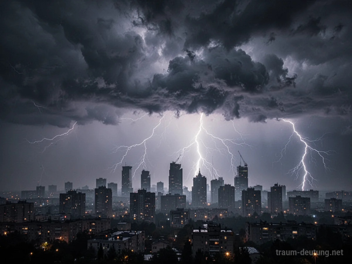 Dramatischer Sturm mit dunklen Wolken und Blitzen über einer Stadtkulisse.