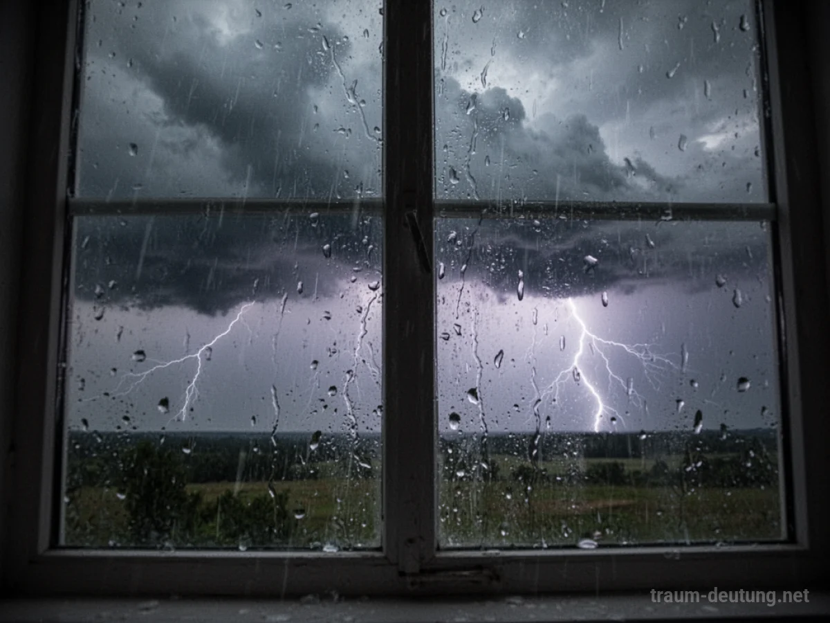 Sturm zieht vor einem Fenster auf, Regen peitscht gegen die Scheibe.