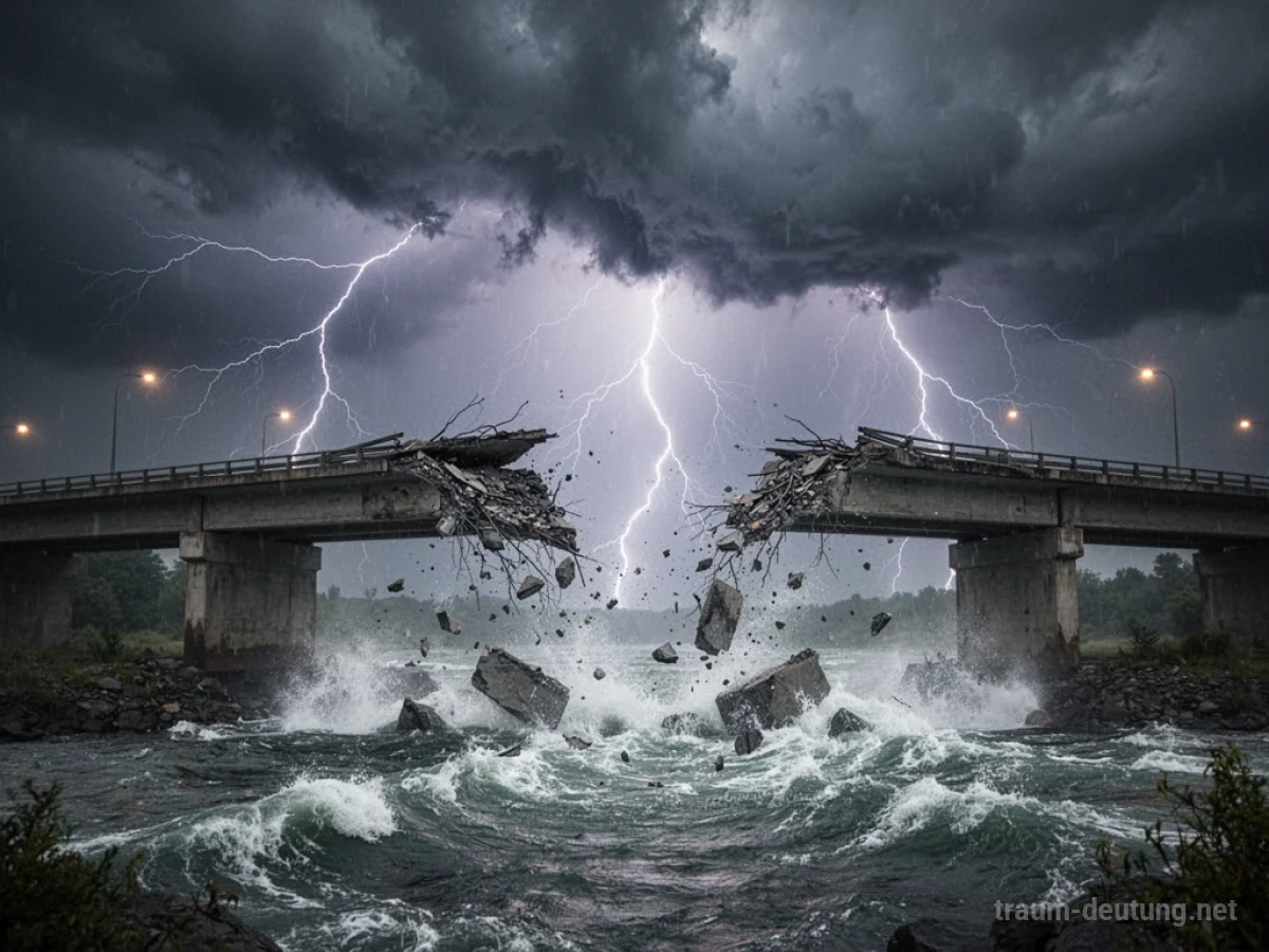 Eine Brücke wird von einem heftigen Sturm zerstört, Teile stürzen ins Wasser.