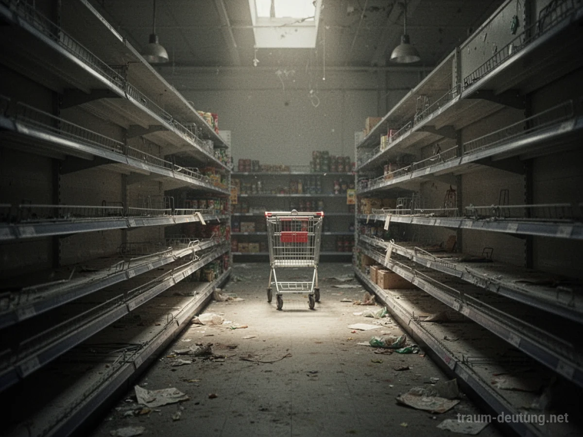Leere Gänge in einem Supermarkt ohne Kasse, ein Einkaufswagen steht in der Ferne.