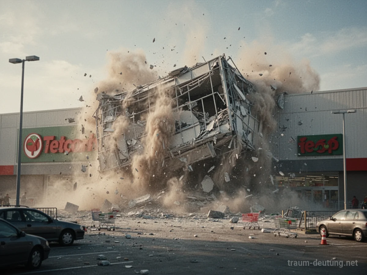 Ein Supermarktgebäude stürzt ein, Staub und Trümmer fallen.