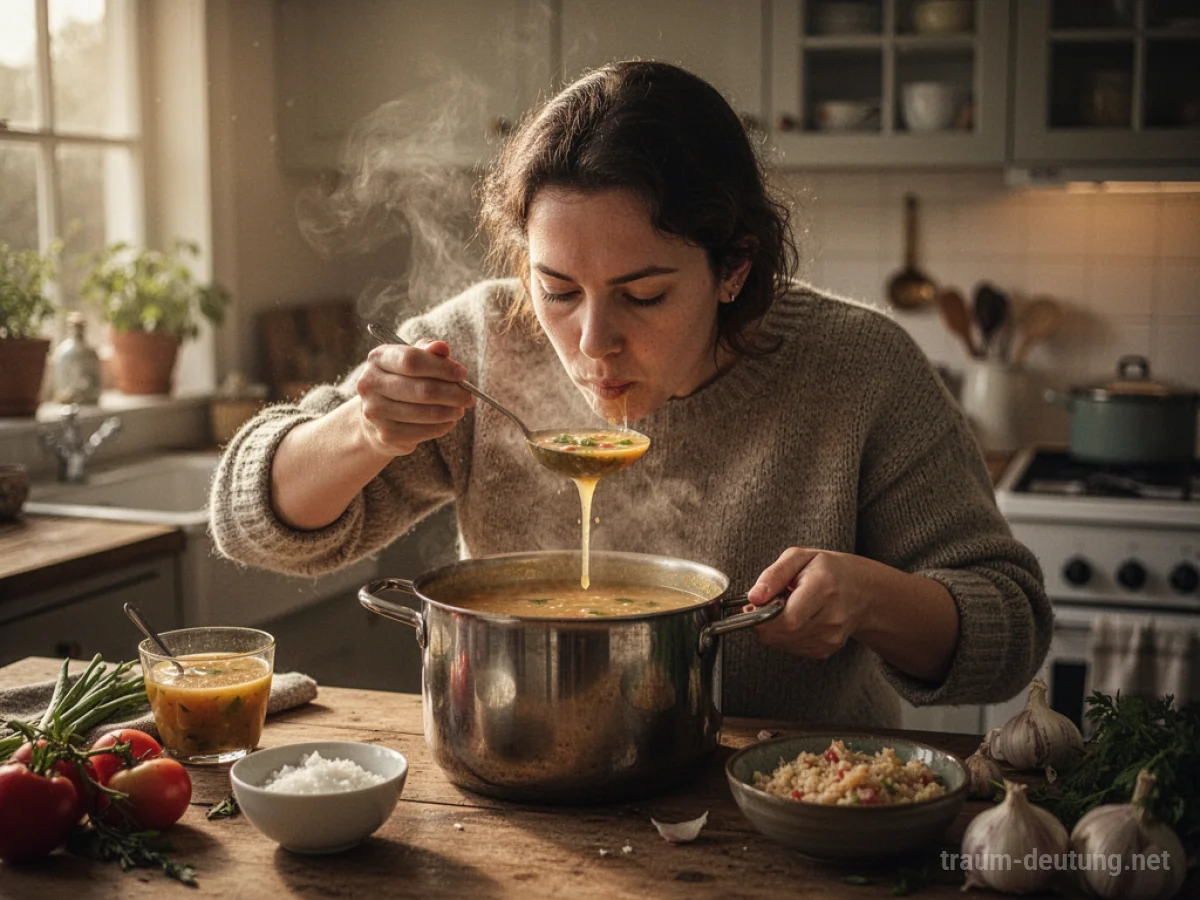 Eine Person trinkt Suppe direkt aus einem Kochtopf in einer gemütlichen Küche.