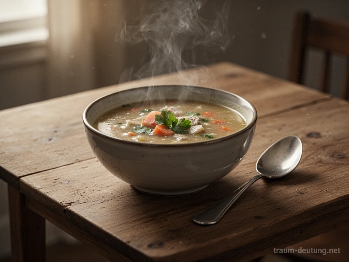 Eine dampfende Schüssel Suppe auf einem Holztisch.