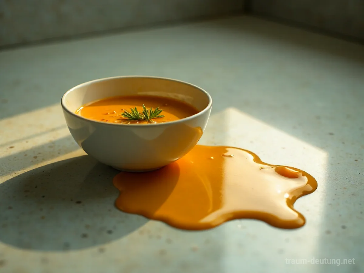 Eine Schüssel Suppe fällt auf den Boden und verschüttet sich.