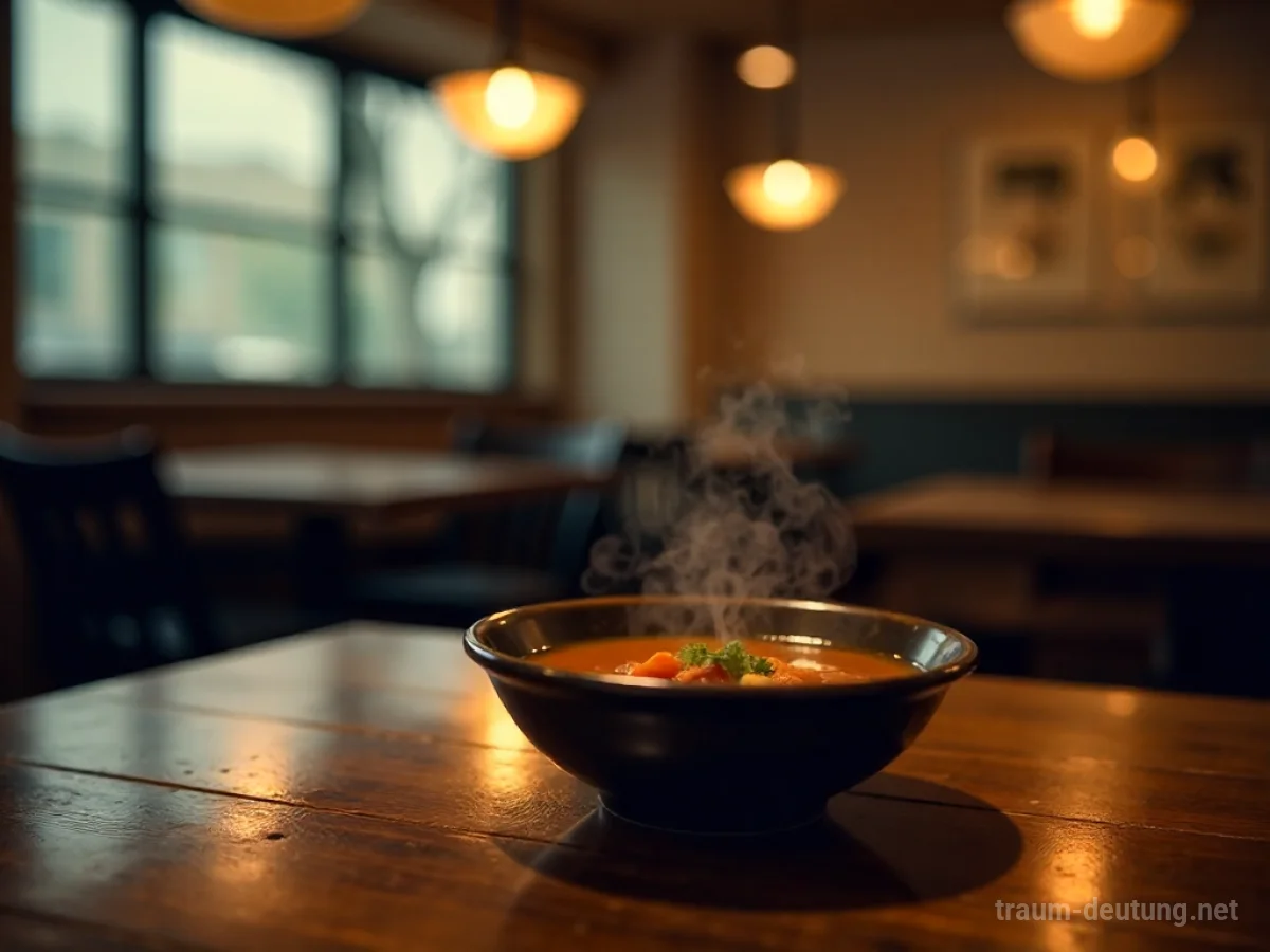 Eine dampfende Suppenschüssel auf einem Restauranttisch.