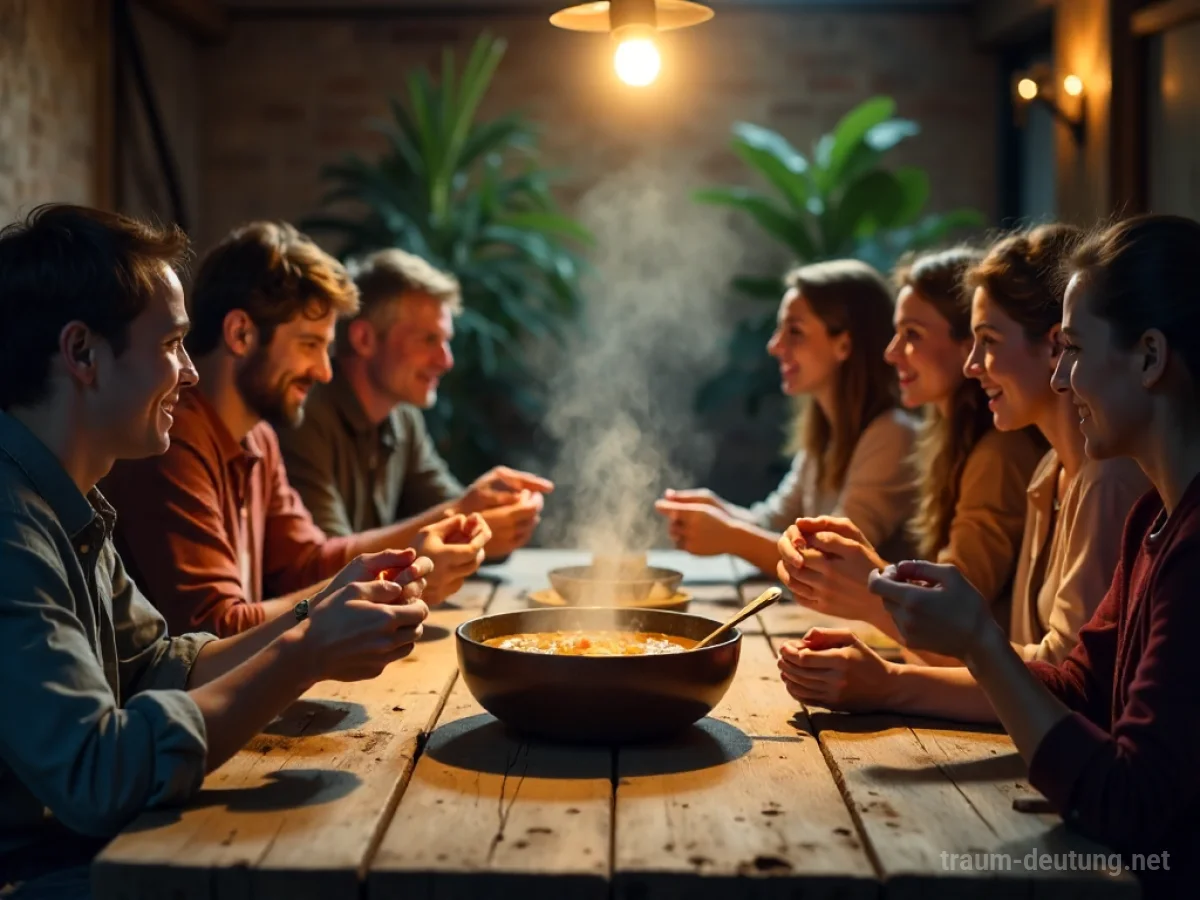 Menschen teilen eine dampfende Suppe an einem Holztisch.