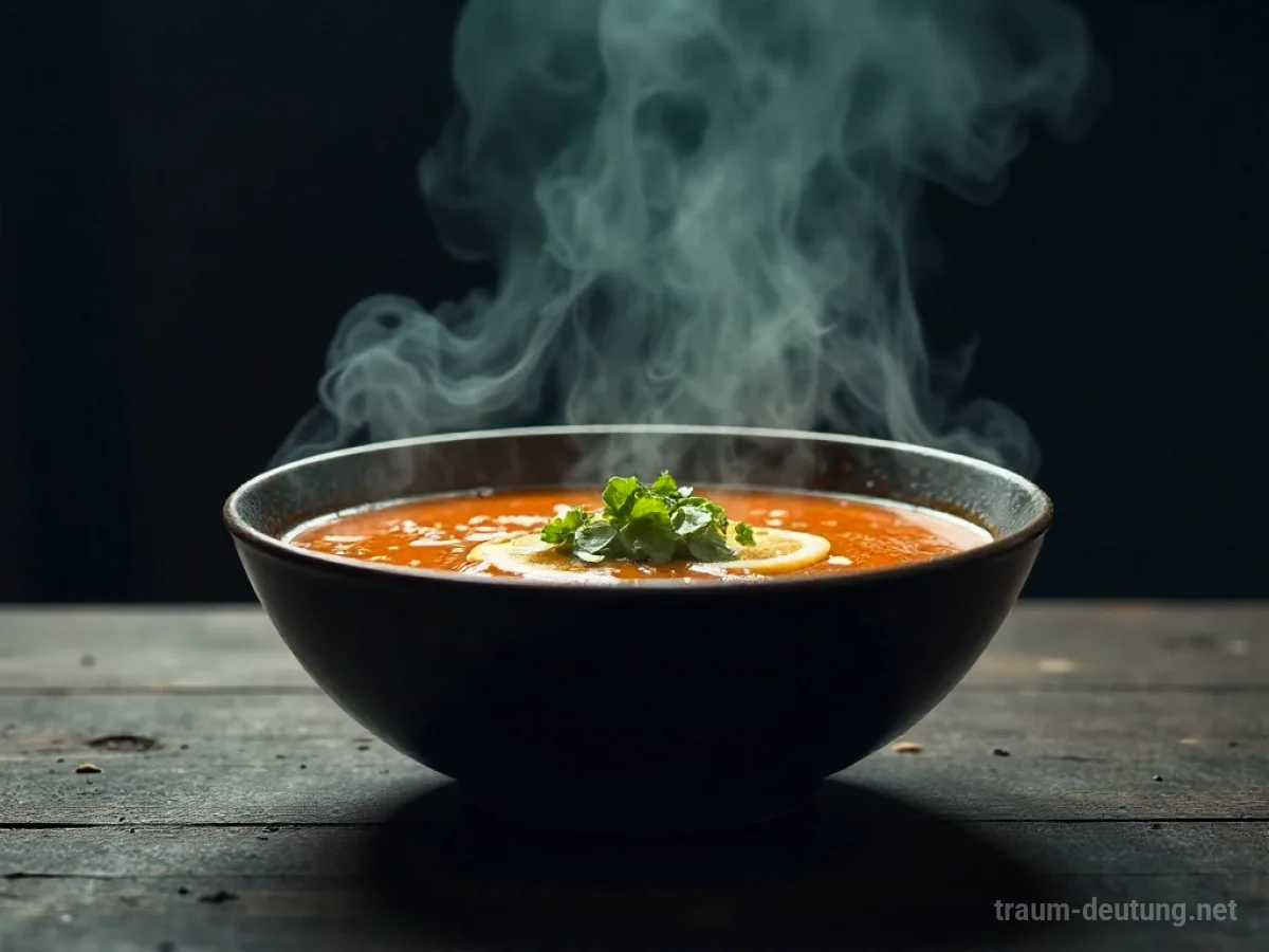 Eine dampfende Schüssel Suppe, aus der unheilvoller, dunkler Dampf aufsteigt.